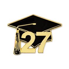 This classic graduation pin is die struck from jeweler's metal, is black enamel color filled and plated in gold. Honor the "Class of 2027" with this graduation cap pin. Each pin is hand polished and includes a standard clutch back to secure safely on to a lanyard, backpack, and jacket lapel. Each is individually poly bagged. Size: one size.  Gender: female.  Age Group: adult. The Class, Graduation Cap, Black Enamel