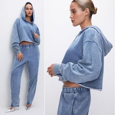 Good American Looks Like Denim, Feels Like Your Comfiest Sweats. Crafted From Our Coziest Cotton Fabric, The Jeanius Cropped Hoodie Will Be Your Ultimate Lounging Piece. It’s Perfect For Chilling At Home With The Matching Sweatpants Or Pairing With Our Curve-Hugging Jeans For Errand-Running. Cropped Length Hoodie With Neck Ties Long Sleeve Color: Blue Denim Wash 586 Fabric: 100% Cotton Care: Machine Wash Cold With Like Colors, Tumble Dry Low Nwt: Brand New Condition, Never Worn, No Flaws Spring Washed Blue Relaxed Fit Sweatshirt, Casual Denim Blue Hooded Hoodie, Denim Blue Long Sleeve Hoodie For Spring, Long Sleeve Denim Blue Hoodie For Spring, Medium Wash Cotton Spring Hoodie, Spring Medium Wash Cotton Hoodie, Casual Denim Blue Hoodie For Fall, Casual Denim Blue Winter Hoodie, Cotton Hoodie For Spring