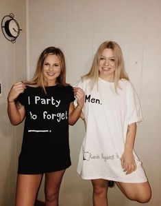 two women standing next to each other wearing t - shirts that say i party to forget