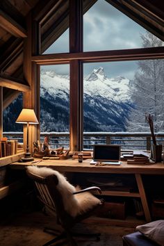 Fall-themed home office with panoramic view of the Swiss Alps. Mountain Home Bedroom, Swiss Alps Winter, Swiss Decor, Nordic Cottage, Frost Giants, Nordic Travel, Glass Whiteboard, Swiss House, Retreat Home