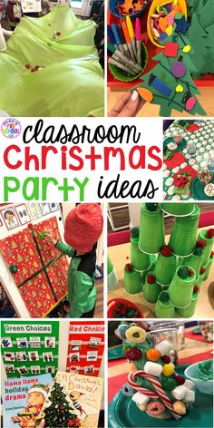 collage of christmas party ideas with green and red paper plates, trees, presents, and other holiday decorations