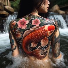 a woman with tattoos on her back standing in the water and holding onto a koi fish