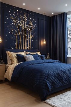 Cool Blue Bedroom Ideas, Blue Calming Aesthetic, Dark Blue Wall Ideas, Shades Of Blue Bedroom Ideas, Velaris Themed Bedroom, Navy Blue Bedroom Walls Room Ideas, Blue Dark Academia Bedroom, Blue And Gold Bedroom Aesthetic, Dark Blue Grey Bedroom