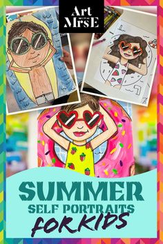 Self portraits of kids relaxing on their favorite summer floaties created with our summer self portrait drawing guide! First Grade Drawing Lesson, Year 2 Art Projects, Personality Art Ideas, Summertime Art Projects For Kids, Middle School Summer Art Projects, Summer Art Ks2, End Of The School Year Art Projects, End Of School Art Projects, Sunglasses Art Projects For Kids