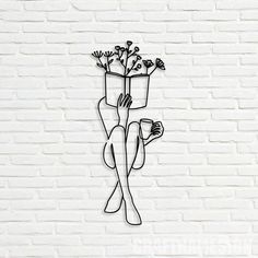 a drawing of a woman holding a potted plant on her head with flowers in it