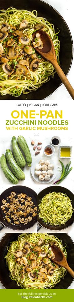 broccoli and zucchini noodles with garlic mushrooms are shown in this ad