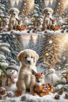 two pictures of puppies and snowmen in the snow with pine cones on them