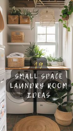 small space laundry room ideas with plants in baskets on the shelf and an open washer