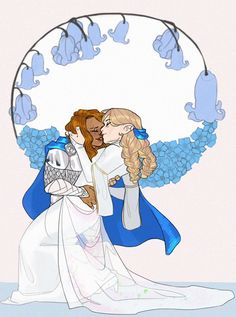 two people are hugging each other in front of a circular frame with blue flowers on it