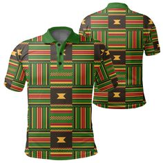 Kente Ghanaian Pattern Polo ShirtAll of our Polo Shirt are custom-made-to-order and handcrafted to the highest quality standards. Crafted in 95% polyester, 5% spandex with your own design which combines comfort and vogue. This shirt has some great features, it has 3 buttons, elastic collar, and cuffs. 12.35 Oz. Made from polyester fabric. 3 buttons, elastic collar, and cuffs. Extremely soft to the touch, durable and breathable. Machine wash cold. The print on the garment body is unable to fade. Green Casual Polo Shirt With Sublimation Print, Casual Green Polo Shirt With Sublimation Print, Fitted Casual Polo Shirt With Sublimation Print, Green Polo Collar Shirt With Graphic Print, Green Collared Shirt With All Over Print, Green Polo Shirt With Graphic Print, Fitted Cotton Polo Shirt With Sublimation Print, Fitted Collared Multicolor T-shirt, Multicolor Fitted Collared T-shirt