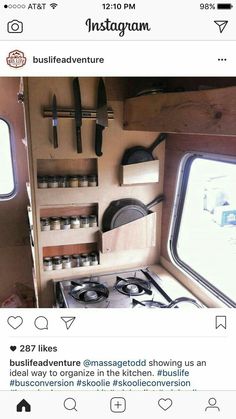 an instagramted photo of the inside of a camper with cooking utensils