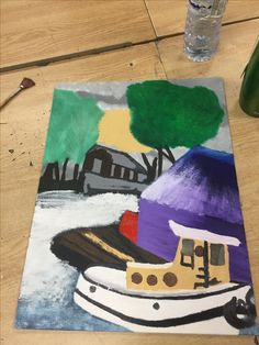 I then added the little details to the boat with a fine tipped brush and blended the white highlights in the water. Also, adding a pop of red beside the building and darkening the dock to complete the whole picture. This is the finished product. Pop Of Red, Picture This, The Building