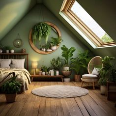 an attic bedroom with green walls and plants on the bed, potted plants in wicker baskets