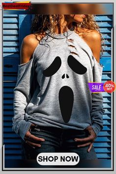 Multi Pattern Printed Long Sleeve Hollow Out Shirts & Tops for Halloween Cold Shoulder Sweatshirt, Loose Fit Blouse, Halloween Long Sleeve, Off Shoulder Shirt, Multi Pattern, Women Long Sleeve Tops, Fete Halloween, Shoulder Shirts, Halloween Ghost