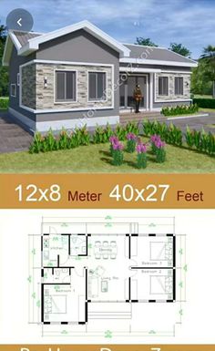 two story house plan with 2 bedroom and 1 bathroom in the front, one living room on