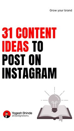 an open book with the words 31 content ideas to post on instagramm in red