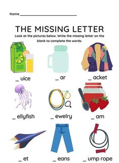 the missing letter worksheet with pictures and words to help kids learn how to read