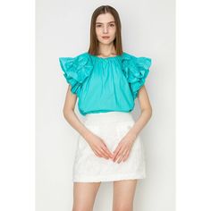 Cotton Puff Sleeves Ruffle Crew Neck Top -Back button closure; gorgeously layered ruffles! Feminine Tiered Ruffle Tops, Chic Tiered Ruffle Tops, Chic Layered Tops For Spring, Chic Tiered Blouse With Ruffle Hem, Ruffled Collar Tops For Brunch, Chic Blouse With Ruffles And Flutter Sleeves, Brunch Tops With Ruffled Collar And Details, Chic Top With Ruffled Straps, Chic Blouse With Ruffles And Ruffled Straps