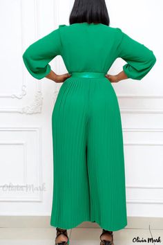 Olivia Mark - Green Womens O-Neck Solid Patchwork Jumpsuit with Belt, featuring a Casual yet Elegant Style Green V-neck Jumpsuit For Work, Khaki Jumpsuit, Belt Wide, Loose Jumpsuit, Womens Khakis, Jumpsuit Online, Casual Jumpsuit, Pants Design, Yellow Fashion