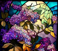 a stained glass window with purple flowers and green leaves in front of a blue sky