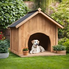 a white dog sitting in a wooden dog house with potted plants on the side