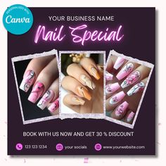 Nail Booking Flyer, Nail Tech Flyer, Nail Appointments Flyer, Nail Salon Book Now Flyer, Nail Promo Flyer, Nail Bookings Canva Template Promote your nail services in style with this eye-catching Nail Technician Flyer! Perfect for showcasing your manicures, pedicures, and nail art, this editable flyer template is designed to attract new clients and keep your calendar booked. Customize it with your contact info, pricing, and special offers, and share it online or print it for in-salon promotion. Ideal for any nail tech looking to grow their business with a professional, polished look! 🌸PRODUCT INFO🌸 ☘️This listing is in digital form which can be downloaded after purchase.  ☘️The download link is available in your Etsy account > Purchases and Reviews ☘️There are no refunds when purchasing a Nails Flyer Design, Nail Salon Flyer, Nail Tech Flyer, Salon Promotions, Promo Flyer, Booking Flyer, Calendar Book, Beauty Nails Design, Nail Services