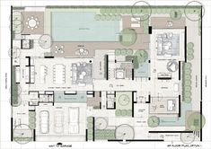 the floor plan for a house with swimming pool and outdoor living area in the background