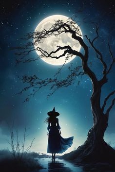 a woman standing in front of a tree with a full moon behind her, looking at the sky