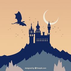 a castle on top of a mountain with a dragon flying over it