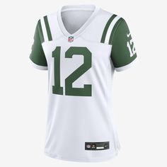 Rep one of your team's top stars with this New York Jets Jersey. Proper ventilation and a form fit help provide a dry, comfortable wear with the authentic look of the on-field uniform. White Sporty Jersey For Football Season, White Sportswear Jersey, White Jersey For Sports Season, White Sporty Jersey With Team Logo, White Jersey For Fan Gear, White Sports Jersey For Sports Season, Sporty White Jersey For Fans, White Jersey Sportswear Tops, White Fitted Jersey For Sports Season