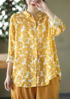 Organic Yellow Peter Pan Collar Print Cotton Shirts Long SleeveFabric: Cotton BlendedSize & Fit: Fit: This garment fits true to size.Length: Size L measures 25.35"from shoulder to hemBust: Great for any cup size. Waist: Loose Fit. Comfortable room throughout midsection.Hip: Loose Fit - room for hips. Hand Wash Cold. Shirts Long Sleeve, Floral Print Shirt, Cotton Shirts, Denim Patchwork, Linen Blouse, Pan Collar, Summer Cotton, Peter Pan Collar, Print Shirt