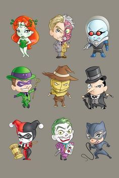 many different cartoon characters are depicted in this image, including the joker and other dc characters