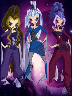 three cartoon characters standing in front of a purple background with stars and space behind them