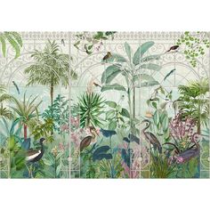 a painting of tropical plants and birds on a white wall with an iron fence in the background