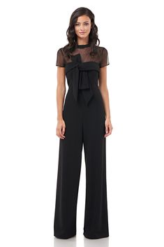 Elegant yet comfortable, our jumpsuit is crafted with stretch knit crepe—showcasing a beautiful drape. Framed by an illusion neckline, it features a stunning oversize bow detail. Final touches include a back zipper and a wide leg silhouette at the hem. Wedding Jumpsuit, Jumpsuit Outfit, Cocktail Attire, Wedding Officiant, Black Wedding Dresses