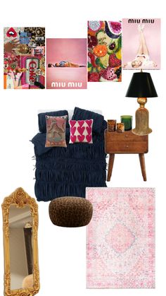 a collage of various items including a couch, table and mirror with pictures on the wall