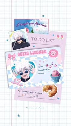 two cards with anime characters on them, one has doughnuts and the other has donuts