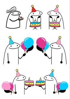 cartoon characters with birthday hats and balloons