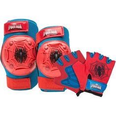 the spiderman gloves are red and blue, with black details on each armbands