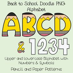 back to school doodle png alphabet and 1234 upper and lowercase letters