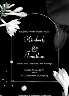 a black and white wedding card with flowers in the middle, on a dark background