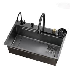 an image of a kitchen sink with faucet and drainers on the side