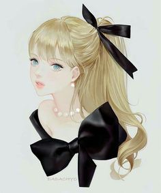 a drawing of a woman with long blonde hair wearing a black bow