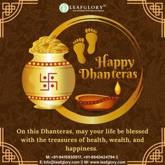 happy dhanteras greeting card with golden pot and gold coins on brown floral background