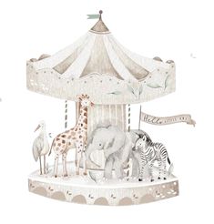 a carousel with zebras, giraffes and an elephant on the top