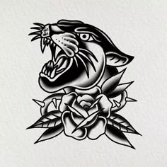 a black and white drawing of a tiger with roses on it's chest,