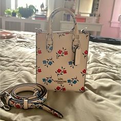 Coach Mini Tote Bag And Crossbody! Red And Blue Flowers Design Comparable Value Of $350 Flower Bag, Bags Coach, Mini Tote Bag, Flowers Design, Floral Color, Mini Tote, Coach Handbags, Coach Bags, Blue Flowers