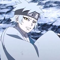 an anime character with white hair and blue eyes standing in front of some rocks, looking at the camera