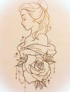 a drawing of a girl with a rose in her hand and stars around her neck