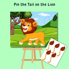 the lion is standing on an easel next to some pieces of paper that have been placed